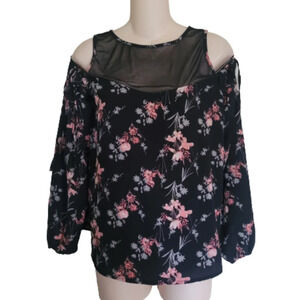 Self Esteem Black Floral Mesh Cold Shoulder Blouse Top Size Women's Junior's L